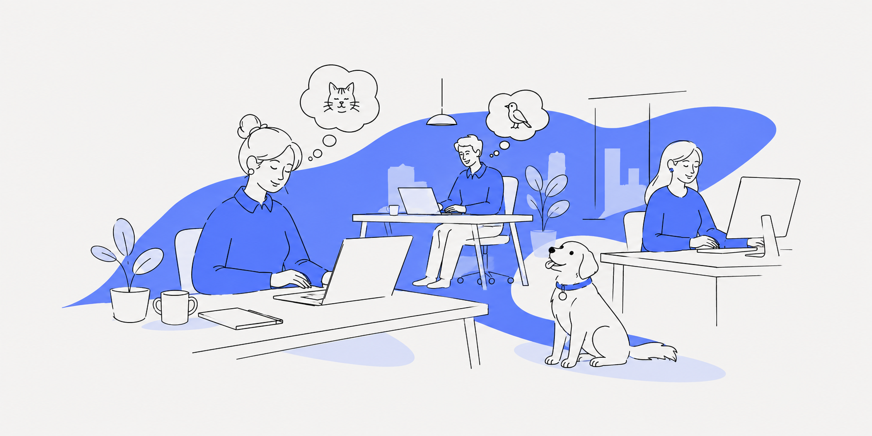 Ambiente corporativo com colaboradores trabalhando e seus pets presentes na rotina